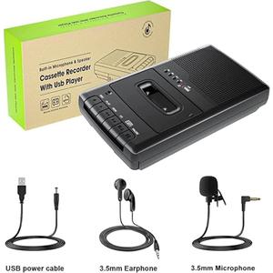 Portable Cassette Recorder with One Touch Recording, Mobile Cassette Player & USB Digitizer, Cassette Player Recorder, Built-in Speaker, Extendable Handle, 3.5 mm Headphones, Black 