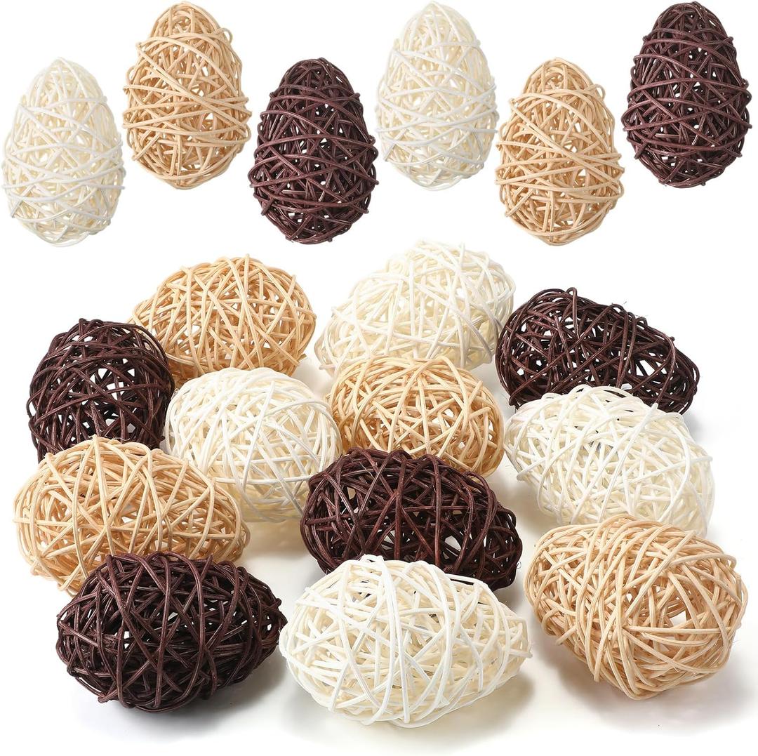 Vicenpal 12 Pcs Easter Rattan Eggs Farmhouse Style Rustic Woven Egg Decor 3.74 Inches Decorative Eggs for Easter Vase Filler Tray Decor Bowl Centerpiece(Natural Color)