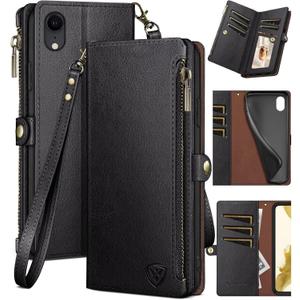 XcaseBar for iPhone XR 6.1" Wallet case with RFID Blocking Zipper Credit Card Holder, Flip Folio Book PU Leather Phone case Shockproof Cover Women Men for Apple XR case Black
