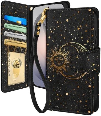 Toycamp for Samsung Galaxy S26 Ultra Wallet Case with Wrist Strap - Leather Flip Folio Phone Case with RFID Blocking 4 Card Slots Galaxy S26 Ultra Funda Cute Aesthetic for Women Lady, Black Sun Moon