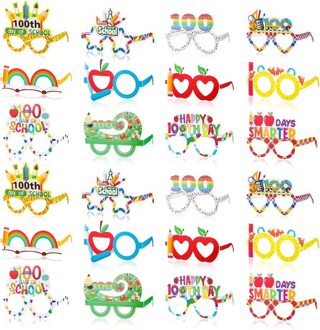48 Pcs 100th Day of School Paper Glasses Happy 100th Day of School Eyeglasses Gifts Colorful Photo Booth Props for Kindergarten Preschool Reward Supplies Decorations Party Favors