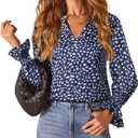 CUNLIN Womens Casual Loose Puff V Neck Trendy Tops for Floral Dressy Long Sleeve Travel Blouses Work Shirt (Blue, XXXL)