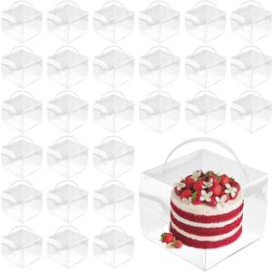 SEUNMUK 60 Pieces 5 x 5 x 4 Inch Clear Cake Boxes with Handles & Cake Boards, Transparent Bakery Boxes, Plastic Cake Packaging Boxes for Birthday, Wedding