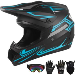 Youth Motocross Helmet for Kids - DOT Approved Full Face Off-Road Mountain Bike ATV Dirt Bike Safety Gear With Goggles, Gloves, and Mask (Medium, Blue)