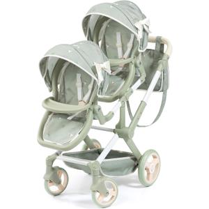 Bayer Design: Doll Pram Xeo Twin - Green & Flowers - Push Stroller, Adjustable Seats & Handle, Foldable, Handbag, Toy Seats 2 Dolls Up to 18", Kids 3+