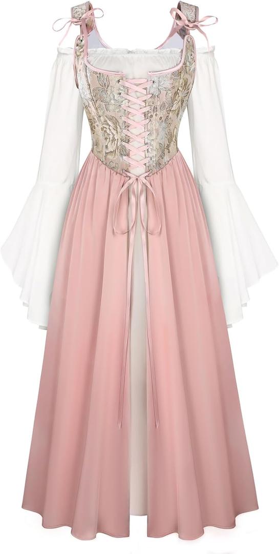 Scarlet Darkness Women Renaissance Costume Floral Lace Up Bell Sleeve Peasant Medieval Fairy Dress (16, Lotus)