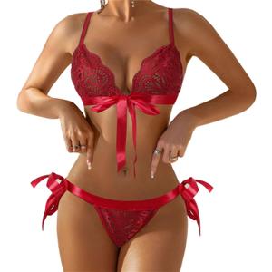 Lingerie Sets for Women Sexy, Bow Tie 2 Piece Lingerie Bra and Panty Holiday Lingerie Front Closure (Medium, Red)