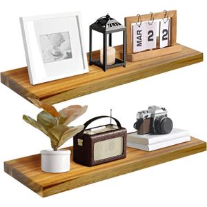 Teak Wood Floating Shelves Perfect for Bathroom Décor Pack of 2 Wooden Wall Shelves for Bedroom Living Room Kitchen Simple Minimalist Home Décor 24 x 6.7
