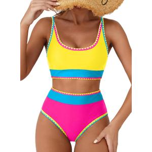 Herseas Women's Bikini Sets Floral Print Whip Stitch 2 Piece Swimsuits High Waisted Scoop Bathing Suits (Pink, M)