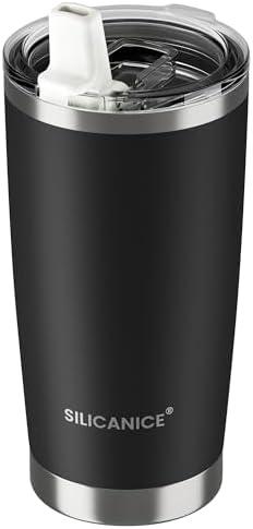 SILICANICE 20oz Hygienic Insulated Tumbler — 100% Leakproof Lid with Removable Spout & Straw, Reinforced Vacuum-Protection Base, Cup Holder Friendly, for Iced Coffee, Smoothie/Water on the Go - Black
