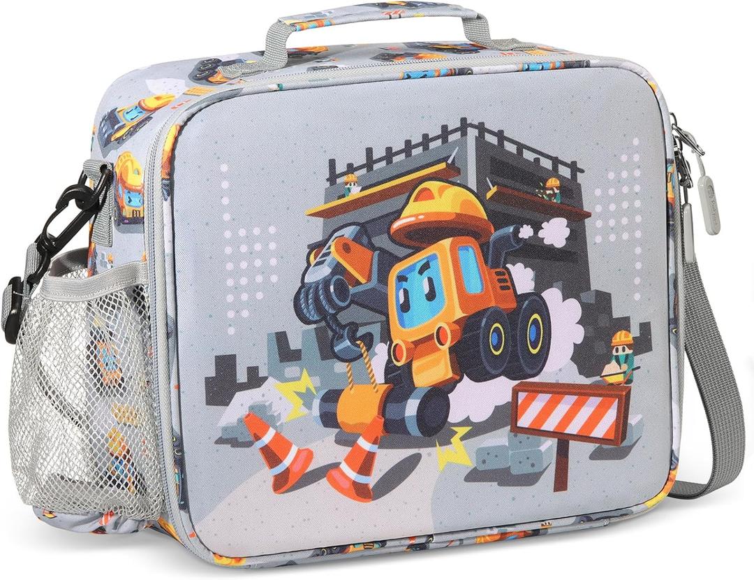 rockpapa Kids Lunch Bag for Kids with Strap, Waterproof, Stain & Oil-Resistant, Insulated LunchBag, Reusable Lunch Tote Bag Holds Lunch Box, Water Bottle & Snacks for School (Grey Constr Trucks)