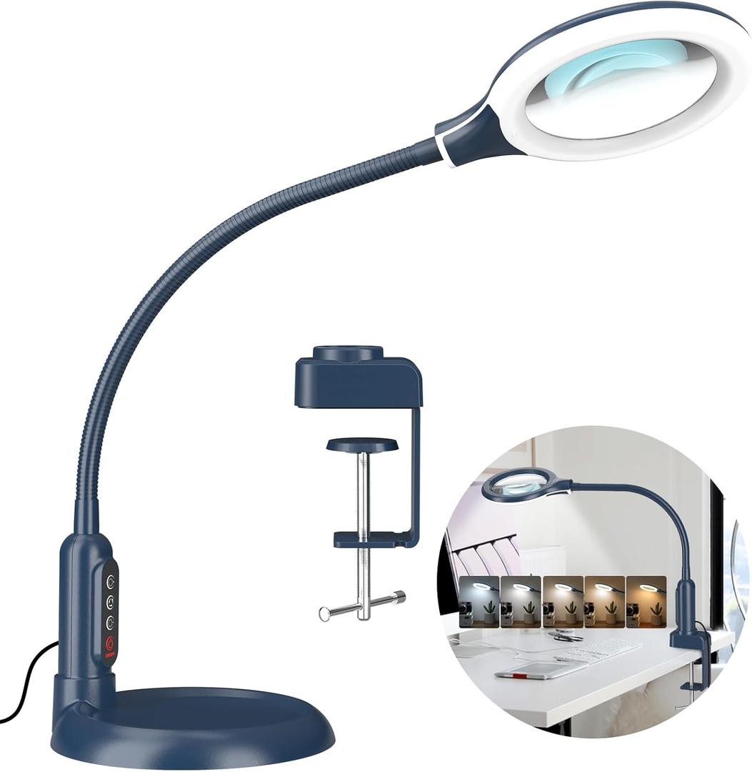 10X Magnifying Glass with Light and Clamp, 5 Color Modes Stepless Dimmable Lighted Magnifier with Stand, Flexible Gooseneck LED Desk Lamp Hands Free for Craft Painting Hobby Close Work - Blue