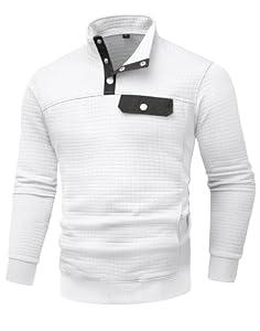 Wizoat Men's Quilted Sweatshirt Casual Waffle Stand Collar Button Pullover Sweatshirts White, 5XL