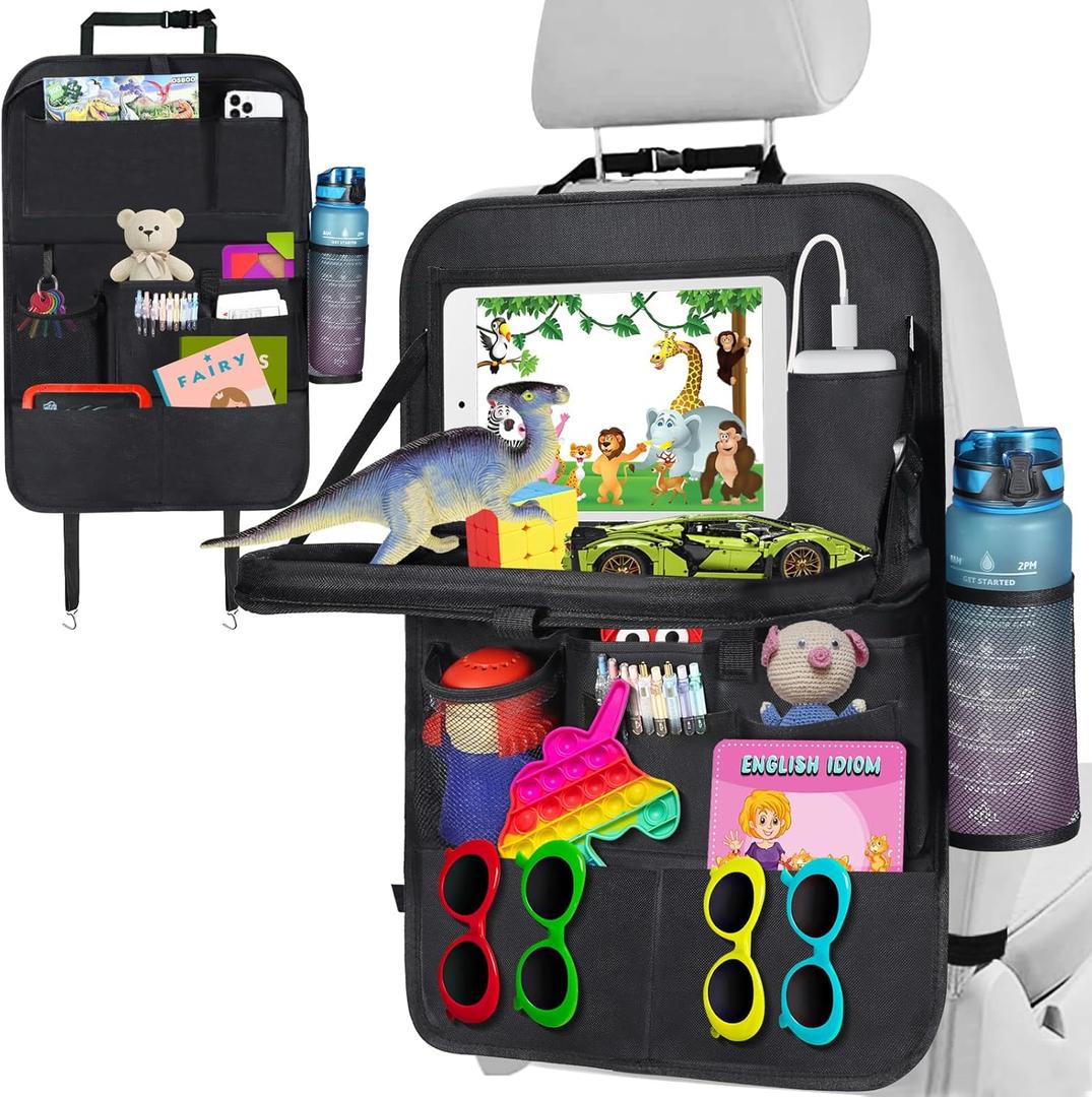 Car Back Seat Organizer, Storage Organizer with Foldable Table Tray and Tablet Holder, 11 Storage Pockets Kick Mats Back Seat Protector for Kids, Travel Accessories (1 Pack)