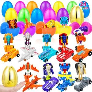 [1 Gold Egg] 24 Pack Prefilled Easter Egg Filled with Transform Car Robot Toys, 24 Eggs + 24 Car Robot Toys for Kids, Easter Basket Stuffers Classroom Exchange for Boys 24 Vehicle Party Favor Egg Hunt