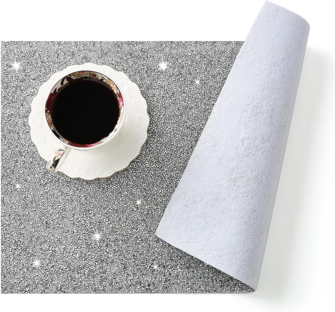 Silver Placemat for Dining Table, Heat Resistant Waterproof Washable Sparkle Glitter Rhinestones Decoration Table Mat, Easy to Clean Anti-Slip Rectangle Placemat 12 x 18 inch