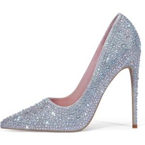 Elisabet Tang Women Pumps, Pointed Toe High Heel Glitter Rhinestone Heels Sparkly Prom Shoes Stiletto Wedding Heels for Bride Shoes for Women (9, Silver)