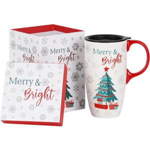 Topadorn Ceramic Coffee Mug Tall Ceramic Christmas Cup with Lid and Matching Color Box.17 oz.Christmas Tree
