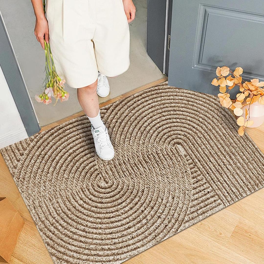 Door Mat Indoor Outdoor Front Door Entrance, Water, Stain and Dirt Resisitant Doormat, Low-Pile Non-Slip Sturdy Welcome Mats, 17"30", Khaki&Pink (Spiral Pattern)