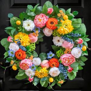 Pinkpuii Spring Wreaths for Front Door 24 Inch Vibrant Spring Summer Wreath with Peonies,Roses,Marigolds,Blueberries & Realistic Fruit Accents (Peach, Lemon)- Ideal for Porch,Entryway,Wall,Window