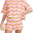 NIFTRIRY 2 Piece Sets for Women Short Sleeve Striepd Crochet Cover Up Tied Shorts Beach Clothes Pink, Size S