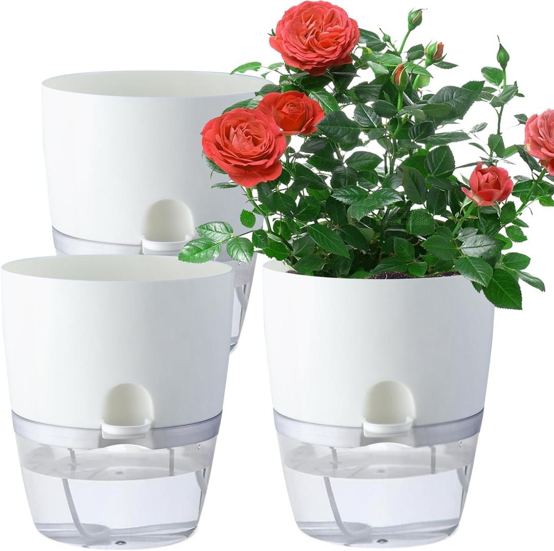 6 Inch Self Watering Plastic Plant Pots for Indoor Plants - 3 Pack White Orchid Planters with Wick Ropes & Drainage Holes, Modern Decorative Garden Pots with Water Reservoir