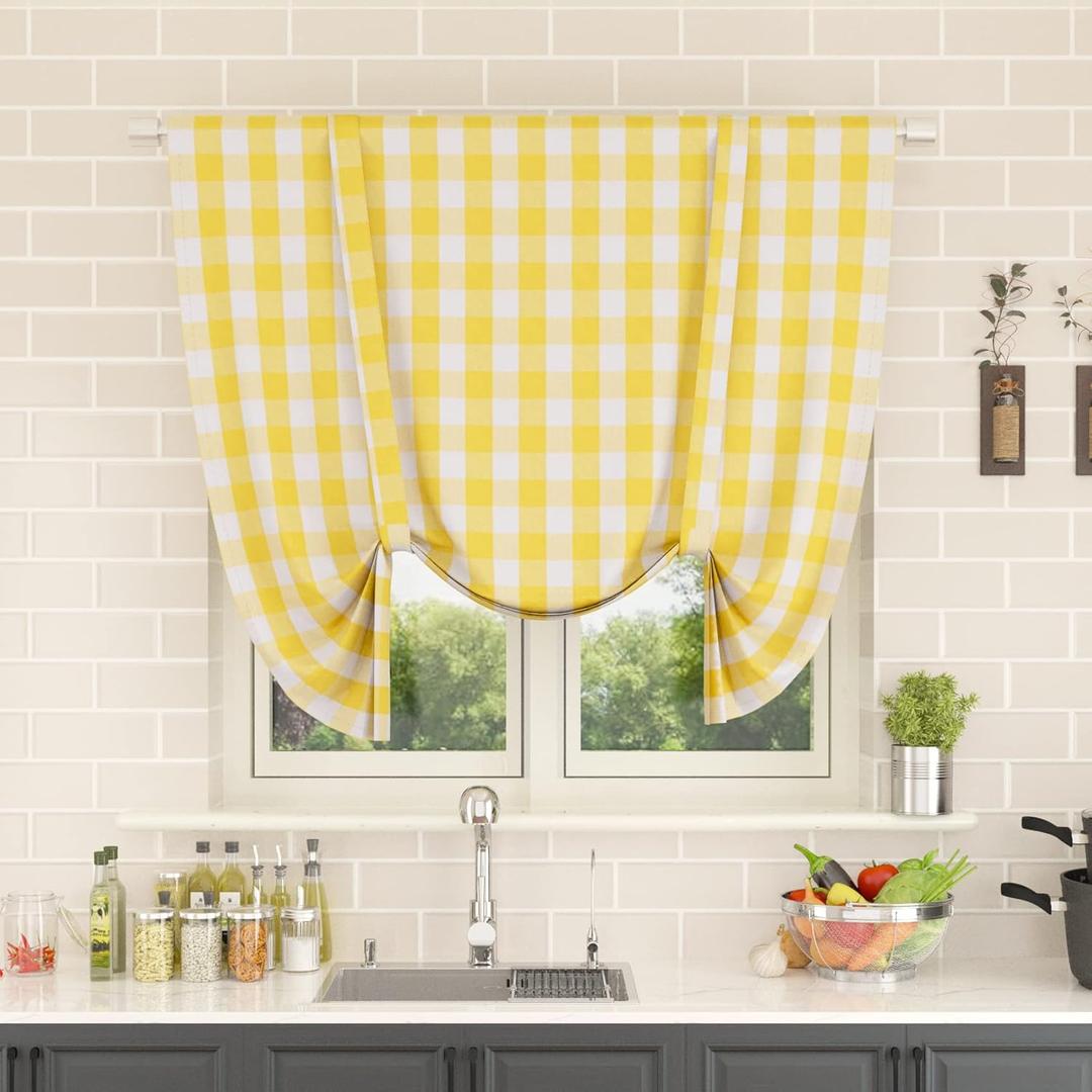 Tie Up Curtain for Windows 45 inches Long Buffalo Check Adjustable Tie Up Shades Plaid Gingham Rod Pocket for Kitchen Windows 1 Panel, Yellow & White