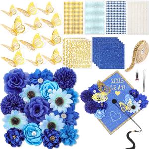 Wavwavw 43 PCS DIY Graduation Cap Decorations Kit, Grad Cap Decorations Included Faux Flowers 3D Butterfly Self Adhesive Rhinestones Stickers Alphabet Letter Stickers for Grad Party Decor(Blue)