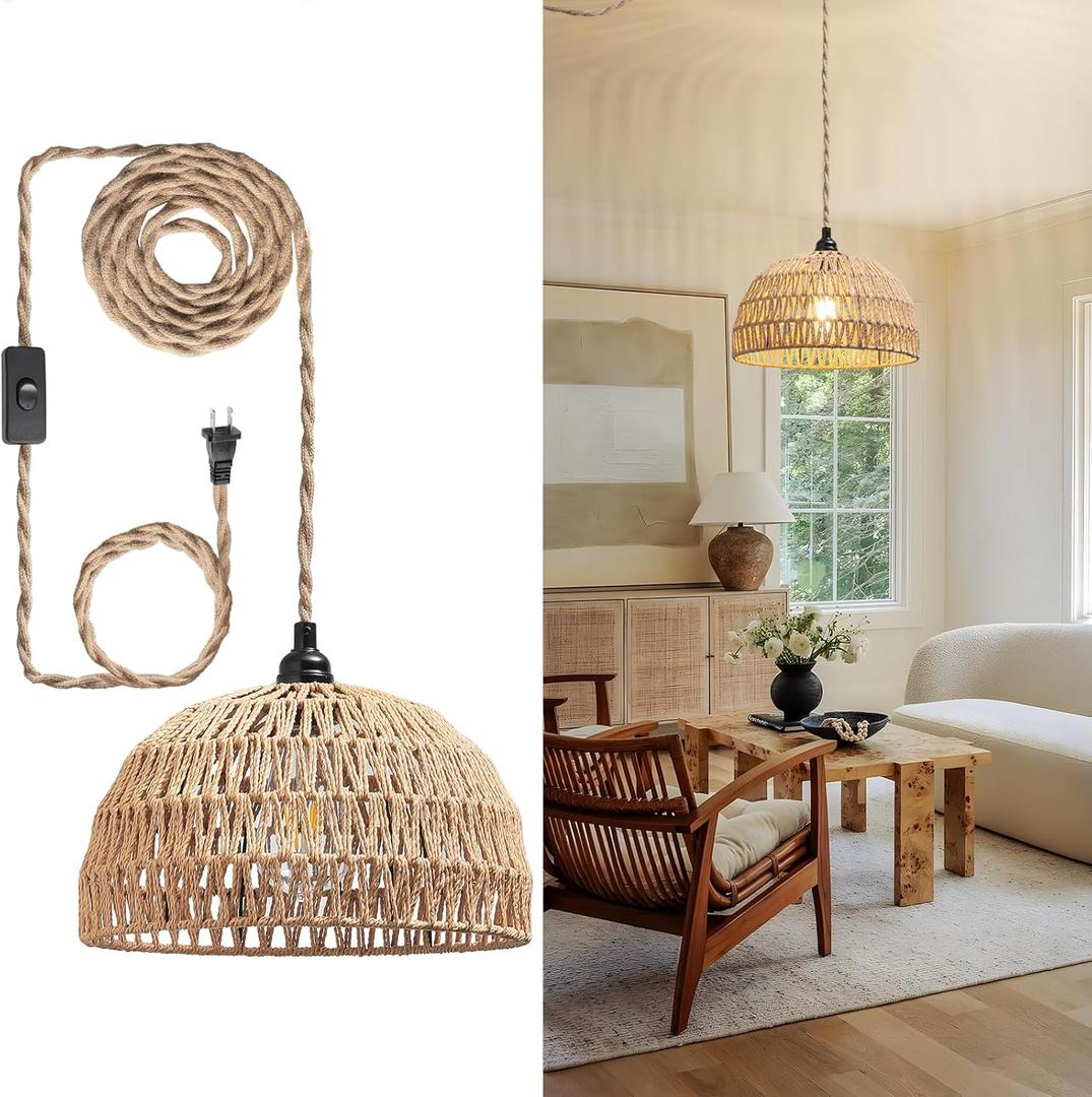 Rattan Hanging Lamp,Boho Pendant Lights,Plug in Cord Hanging Rattan Light,Plug Into Wall Outlet Pendant Light Fixture On/Off Switch for Living,Dinner Room,Bedroom,Kitchen,for E26,without Bulb (11.81'' x 6.49'')