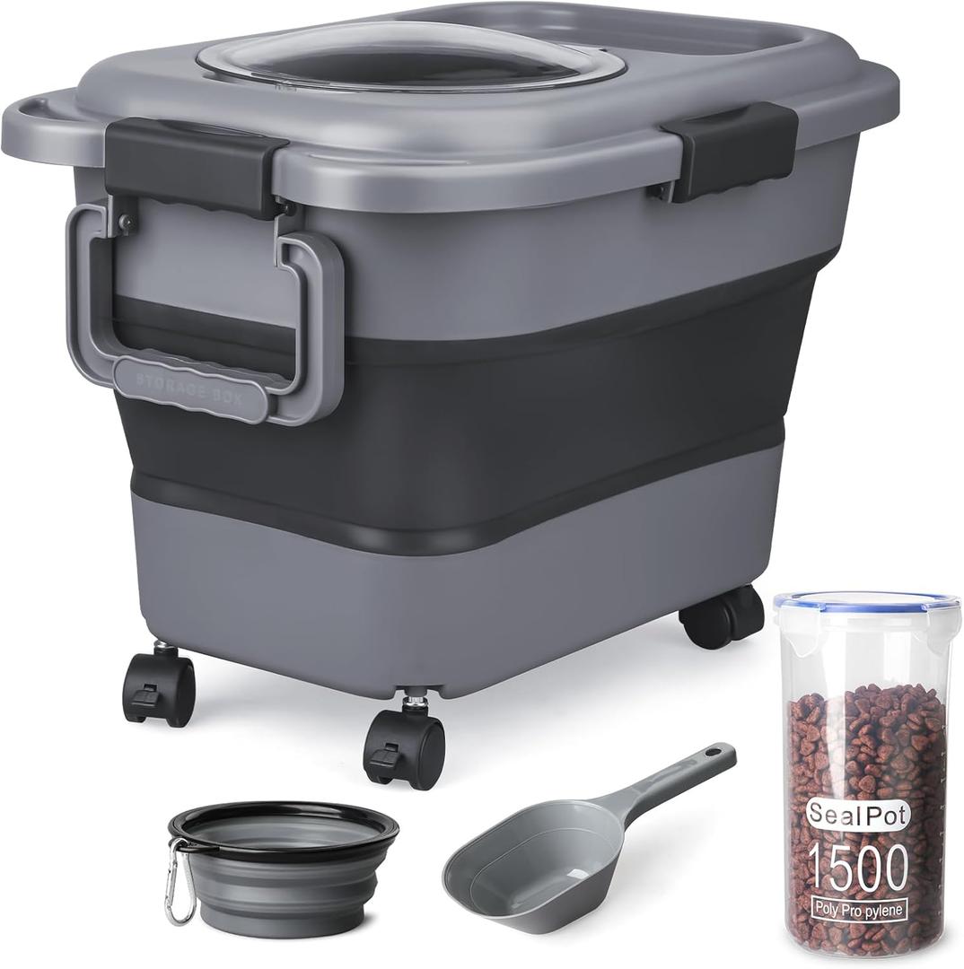 Dog Food Storage Container10-20 lbs Airtight Collapsible Cat Food Storage Container with Attachable Wheels, Portable Handle, Dog Food Scoop for Dog Cat Bird Pet Dry Food Storage Bin (Medium/Grey)