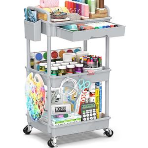 SUNALLY 3 Tier Rolling Cart with Drawer, Bathroom Storage Organizer with 2 Lockable Wheels, Multifunctional Rolling Storage Cart for Bathroom, Kitchen, Office, Craft, Makeup, Baby Essentials, Gray