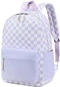 CAMTOP Backpack for Teen Girls Corduroy Bookbags Elementary Middle High School School Bag Lightweight Women Travel Casual Daypacks (Purple White Grid)