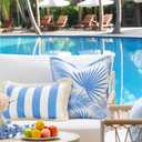 Hofdeco Premium Coastal Patio Indoor Outdoor Lumbar Pillow Cover Only, 12"x20" Water Repellent for Backyard, Couch, Cornflower Blue Stripe Fringe