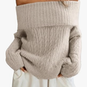ELLEVEN Women’s Off Shoulder Cable Knit Sweater, Soft Oversized Pullover for Casual Fall Winter Outfits, Khaki Size L