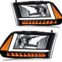 LED DRL Headlight Assembly, Fit 2009-2018 Dodge Ram 1500/10-18 Ram 2500 3500 4500 5500(Only fit factory dual beam halogen headlights, Additional H4 bulb required) Black Housing Amber Reflector