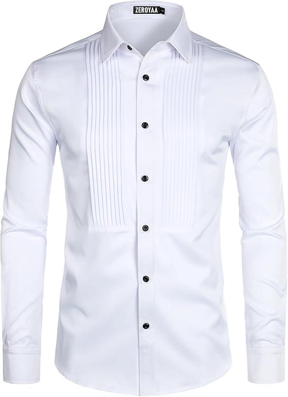 ZEROYAA Mens Slim Fit Long Sleeve Tuxedo Dress Shirts/Prom Performing Shirts, M