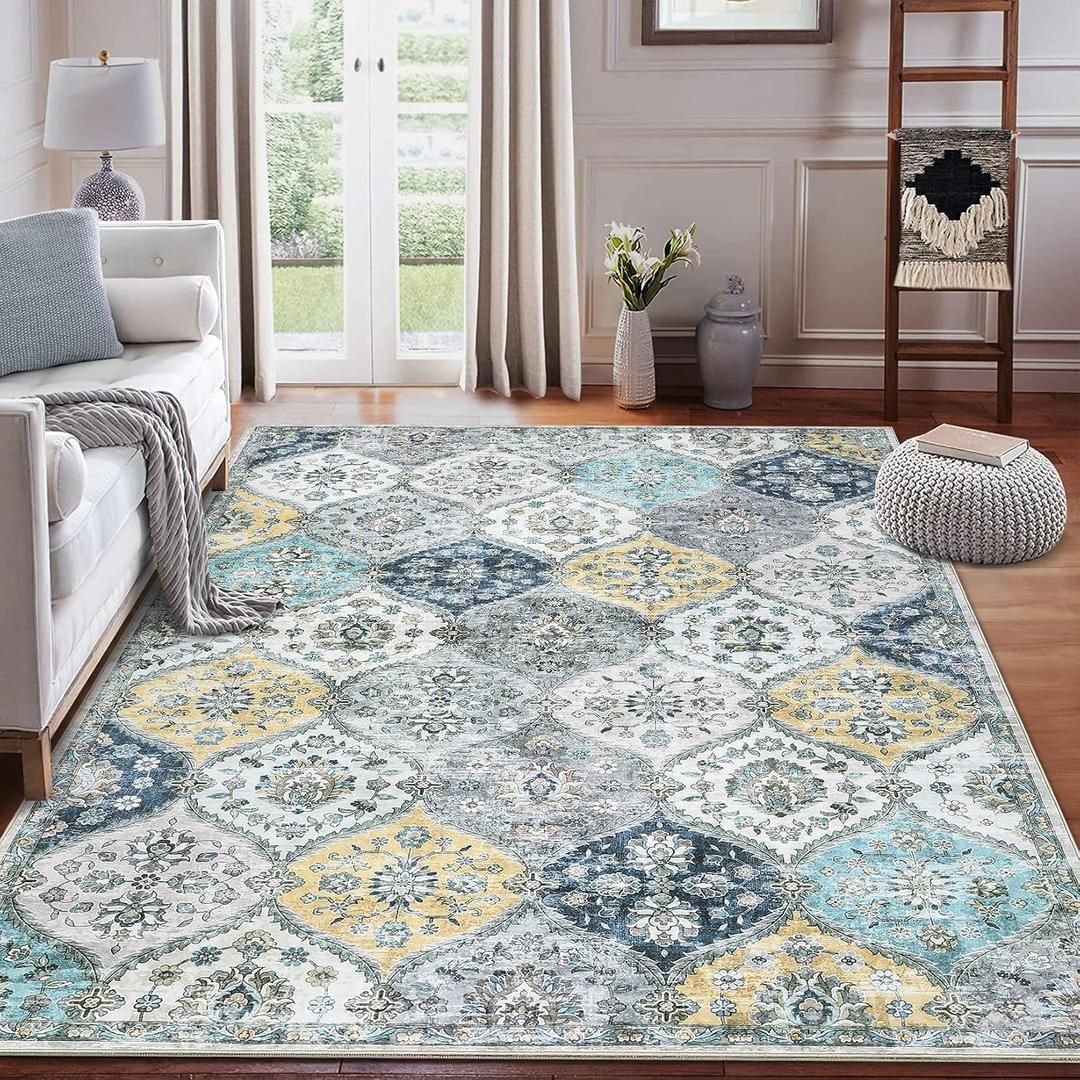 ROYHOME 9x12 Area Rug Large Moroccan Trellis Machine Washable Rug Vintage Medallion Distressed Accent Rug Stain Resistant Non-Slip Floor Cover Carpet for Living Room Bedroom, Blue/Yellow