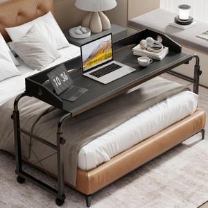 BYMECOST Laptop Desk for Bed, Adjustable Height & Length Laptop Bed Table,Overbed Table with Wheels for King & Queen Size Beds,Rolling Standing Desk,Over Bed Desk for Working Reading Eating (Black)