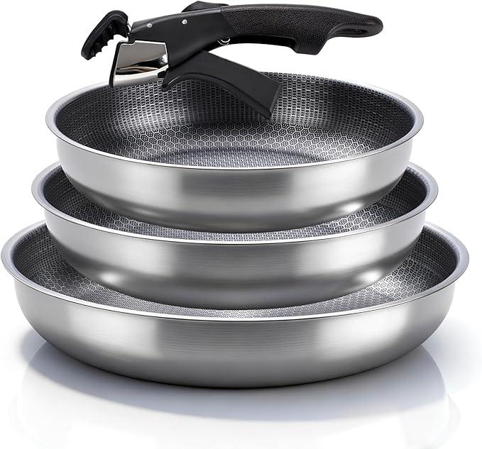 YJSLICT 3Piece Stainless Steel Frying Pan Set with Detachable Handle, Nonstick Omelet Pans, Multiple Sizes Skillet for Cooking, Dishwasher Safe (Size 10,11,12.5 inch)