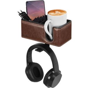 Desk Cup Holder Clip on Pen Holder Headphone Hanger Headset Stand Rotatable Clamp Hook Under Desk, Brown 