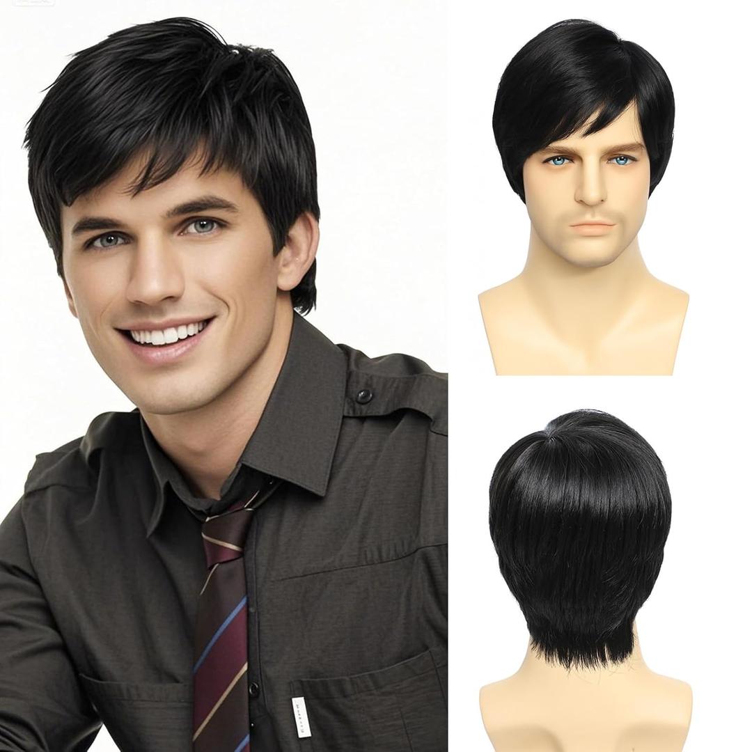 Mens Black Wig, Short Black Wig Men Synthetic Realistic Natural Hair for Male Cosplay Party Halloween Hair