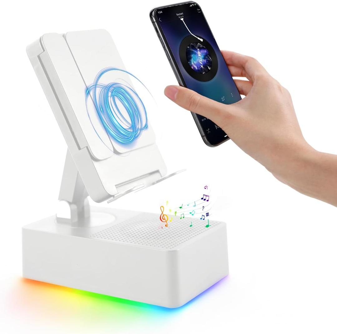 Wireless Induction Bluetooth Speaker, 5-in-1 Foldable Phone Holder, 1500mAh Emergency Charging, Colorful LED Ambient Light, Tech Gadgets Gifts for Men Women, for iPhone Android Tablet, Ivory