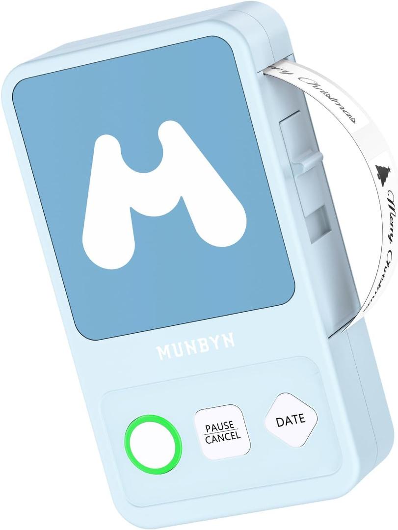 MUNBYN Label Maker Machine with Tape, Print Date with One Click FM520 Portable Bluetooth Label Printer for Office Home Storage (Blue)