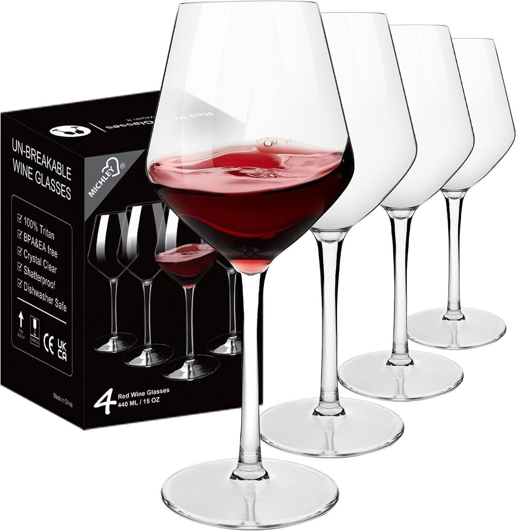 MICHLEY Unbreakable Stemmed Wine Glass 100% Tritan Plastic Dishwasher  Glassware 15 oz, Set of 4