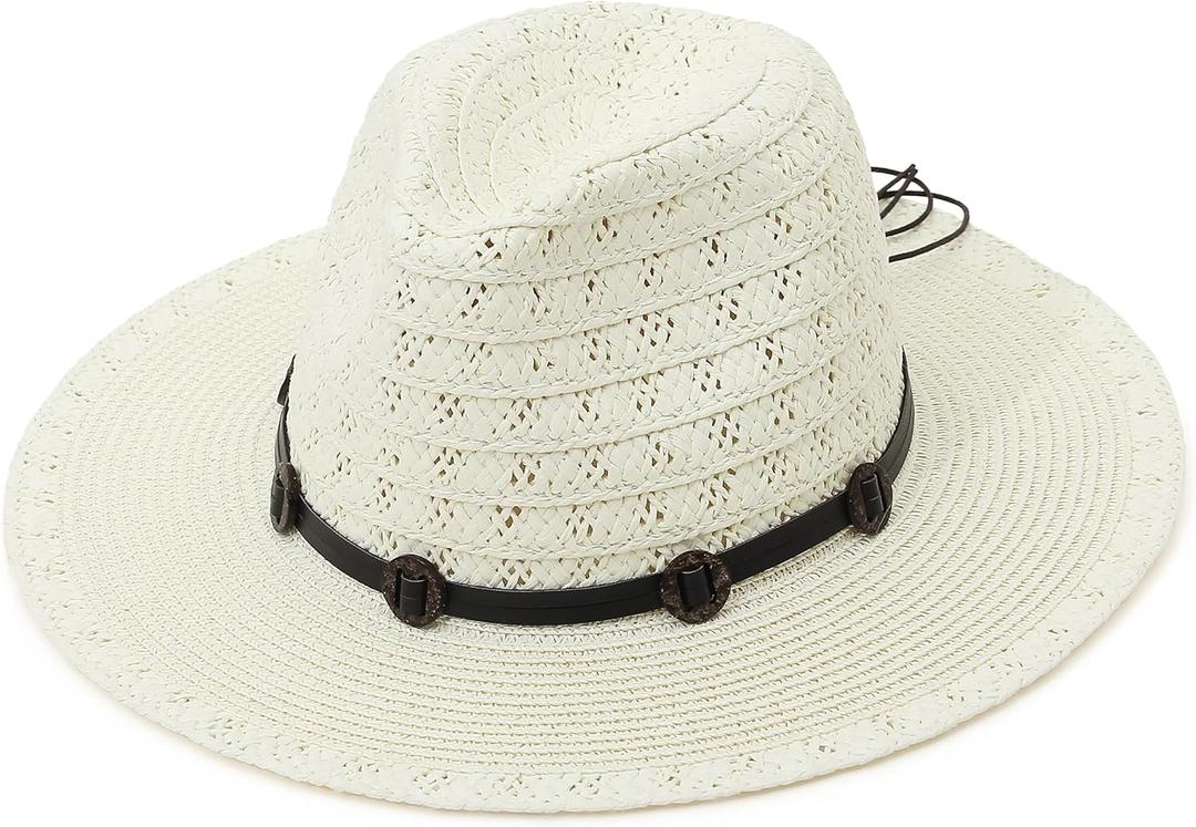 Straw Sun Hats for Women Men Panama Fedora Summer Hat with Leather Belt Wide Brim Beach Sun Jazz Cap (7-7 1/4, 1#beige)