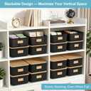 Bagnizer 4 Pack Plastic Storage Bins with Bamboo Lids, 6.2qt Stackable Storage Organizer Box with Lable for Pantry Shelves Drawers Desktop Office, 12"L x 8.3"W x 3.5"H, Black