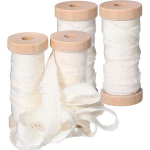 Mindsoft Frayed Chiffon Ribbon for Craft, Silk Satin Ribbons 1/2-1/4 Inch x 20 Yard Handmade Seam Binding Fabric Strips with Wooden Spool for Wedding Gift Wrapping(Ivory)