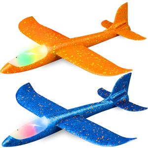 2 Pack LED Light Airplane,17.5" Large Throwing 2 Flight Mode Glider Plane,Flying Toy for Kids,Gifts for 3 4 5 6 7 8 9 Years Old Boy,Outdoor Sport Toys Birthday Party Favors Foam Airplane (Yellow and Blue)