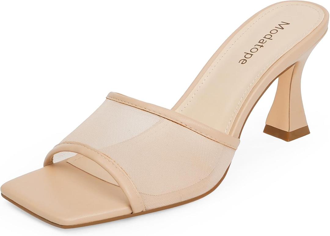 Modatope Womens Heeled Sandals Open Square Toe Heels Chunky Block Heel Slip On Sandals for Women (10, Nude Mesh)