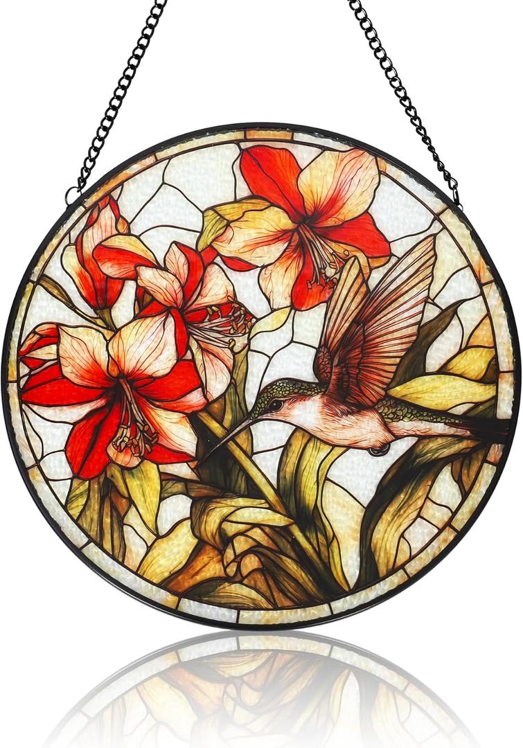 Hummingbird Suncatcher, 7.87" Stained Glass Window Hanging Panel, Sun Catchers Hand Painted Indoor Outdoor Home Wall Garden Decor, Gift for Bird Lovers